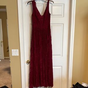 Sherri Hill Burgundy Lace V-Neck Maxi Dress